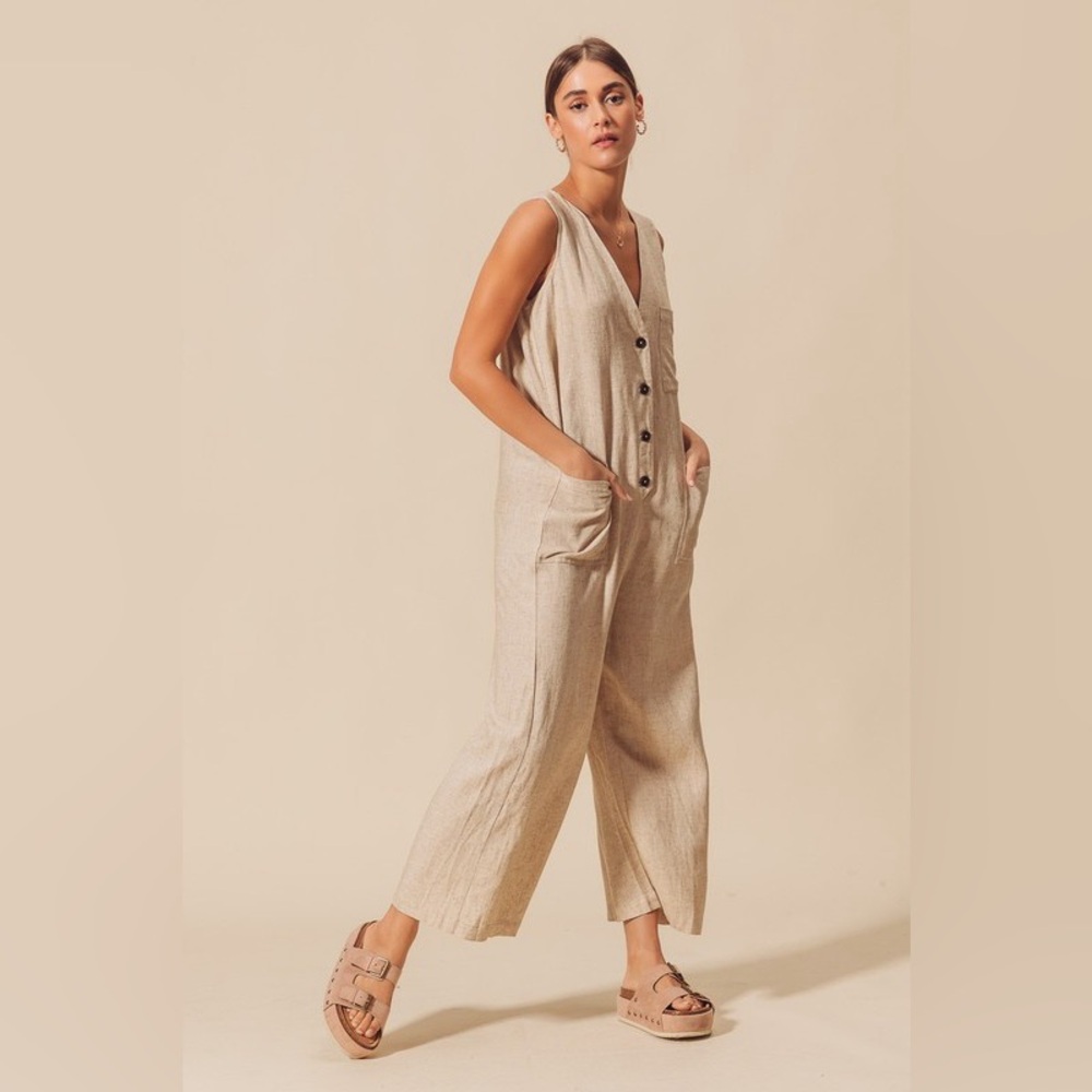 So Me Linen Blend V-Neck Button Down Jumpsuit - Picture 6 of 12